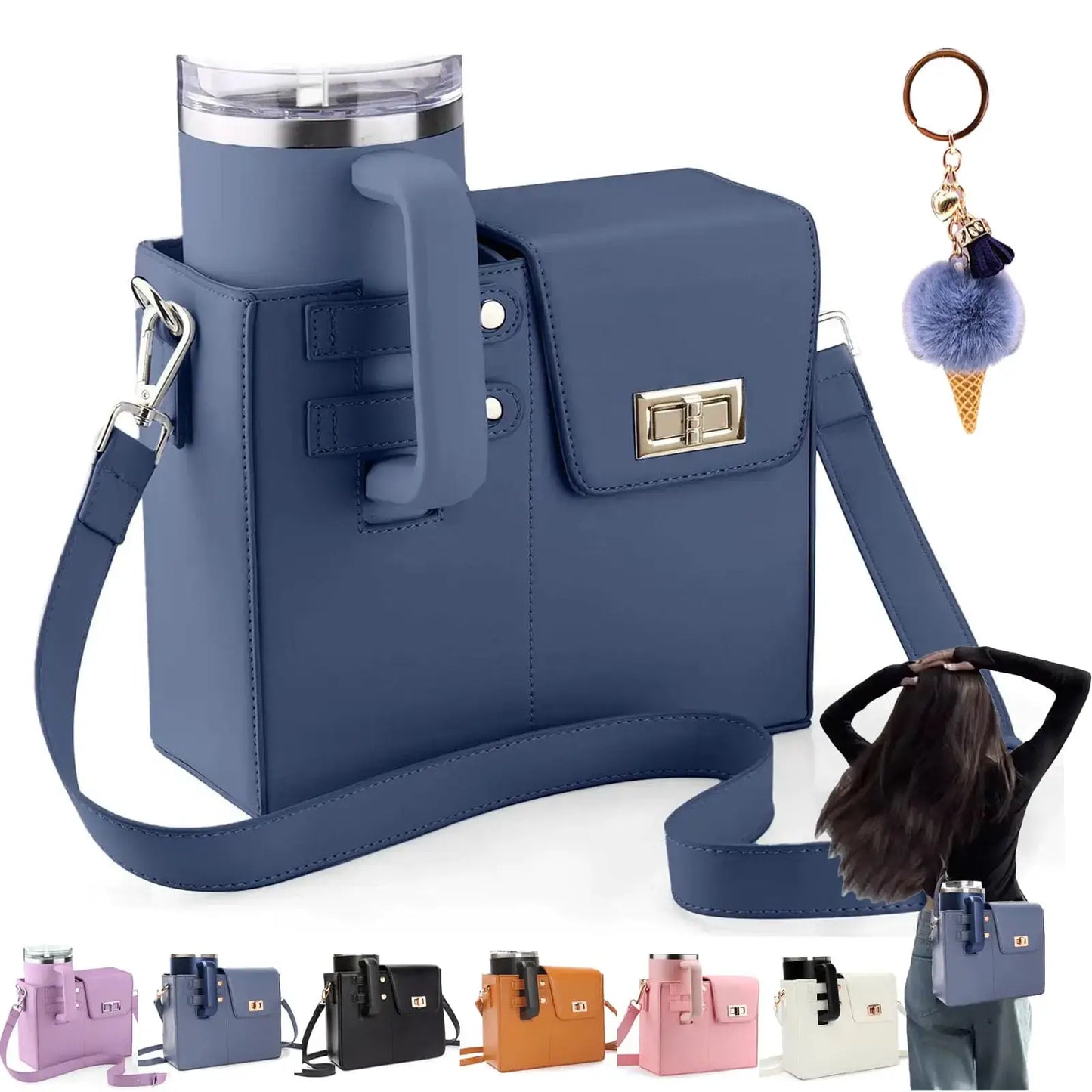 Purse with Cup Holder Outdoor Portable Crossbody Water Cup Storage Bag Purse with Water Bottle Holder Water Bottle Purse Crossbody Bag Purse with Water Bottle Pocket for Women (Blue)
