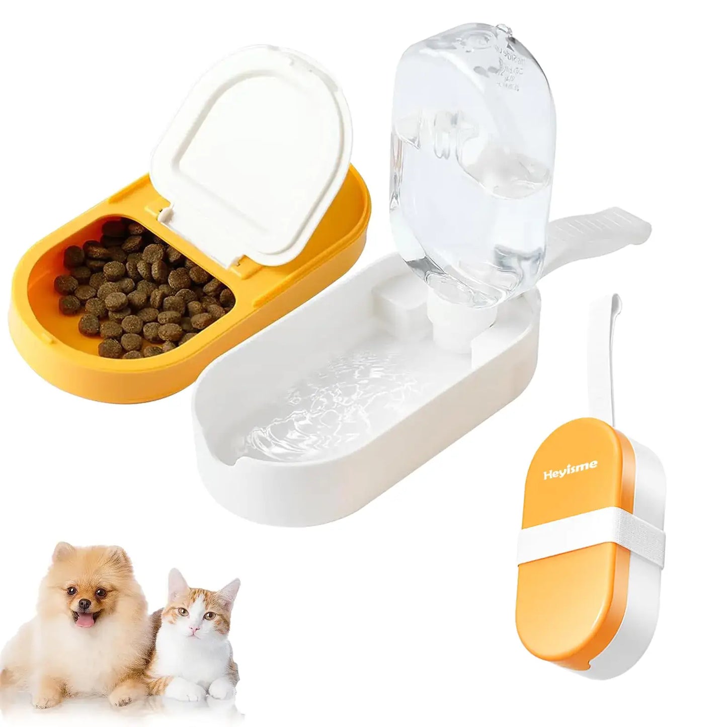 HEYISME Dog Water Bottle Dog Bowl 2-in-1 Food Container Large Enough for Dog Treats Steak Sticks Bars Portable Pet Water Dispenser for Hiking Travel Cat Bowls and Pet Water Bottle (Yellow)