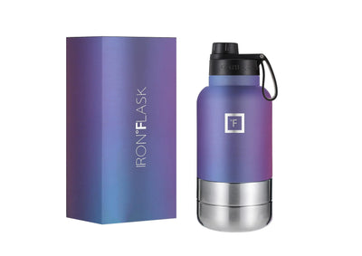 IRON °FLASK Portable Dog Water Bottle & Bowl - All-in-One Travel Accessories Pet Food & Liquids for Car Hiking Camping - Leak-Proof Double Walled Insulated - 32 oz 2 Dog Bowls - Aurora